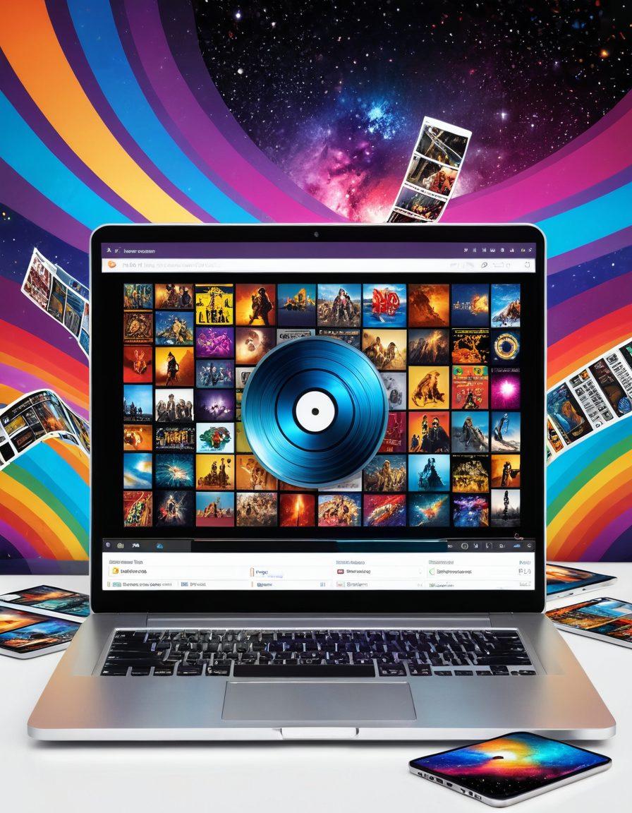 A stunning digital collage showcasing a sleek laptop and a smartphone both showing HD movie scenes with vibrant colors. The background features a swirling galaxy of movie posters, downloading progress bars, and film reels to represent unlimited downloads. super-realistic. vibrant colors. white background.