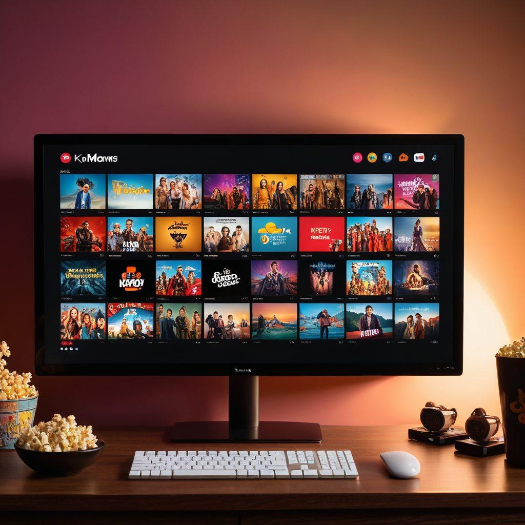 A sleek computer screen displaying a stunning HD movie scene, surrounded by icons of various popular movie genres like action, romance, and sci-fi. The background features a cozy room ambiance with a bowl of popcorn and dim lighting to create a cinematic feel. The Katmovies logo is subtly integrated on the screen, making it clear that this is the ultimate online movie-watching guide. super-realistic. vibrant colors. cozy ambiance.