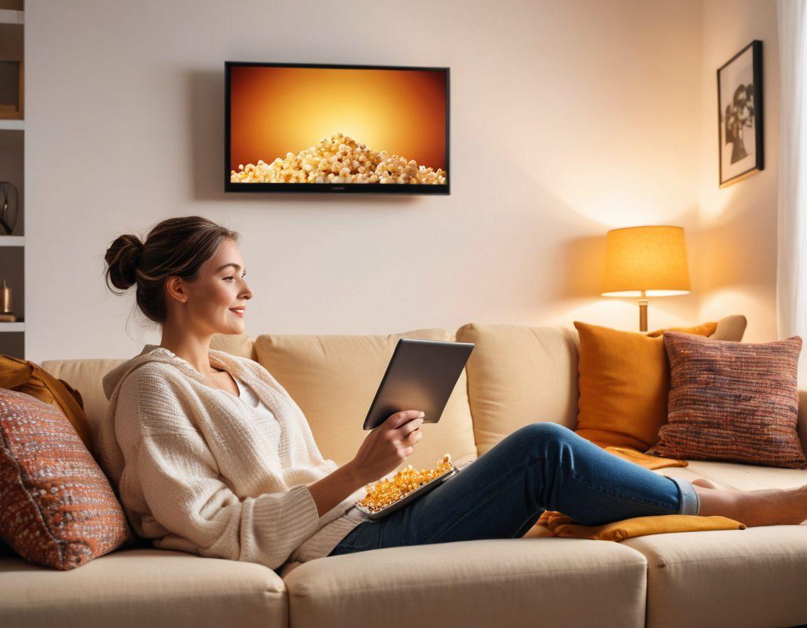 A cozy living room with a large flat-screen TV showcasing a vibrant movie scene, a bowl of popcorn on a comfy sofa, and a relaxed person using a laptop with streaming websites open. The room is softly lit with a warm glow, enhancing the inviting atmosphere. super-realistic. vibrant colors. white background.